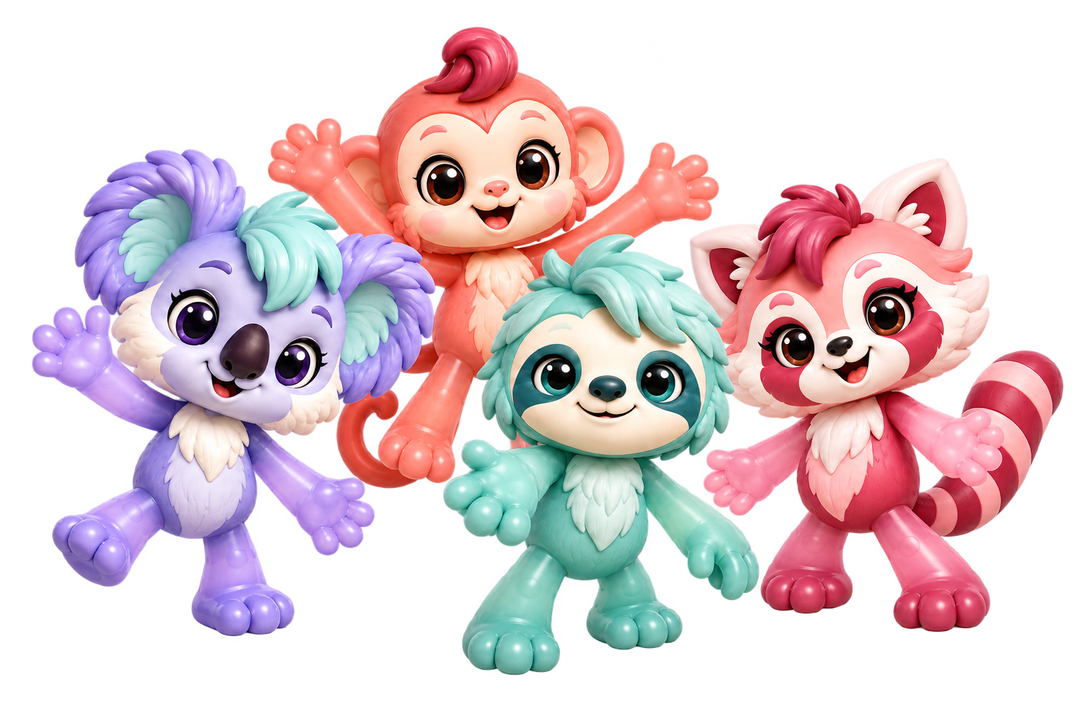 Lavender koala, coral monkey, mint sloth and pink red panda